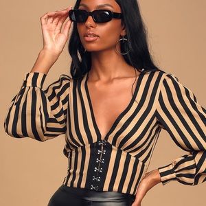 Camel and Black Striped Hook and Eye Crop Top